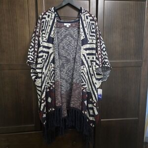 Great Northwest Indigo Tribal Boho Fringe Festival Cardigan Poncho‎ Hooded 2X/3X